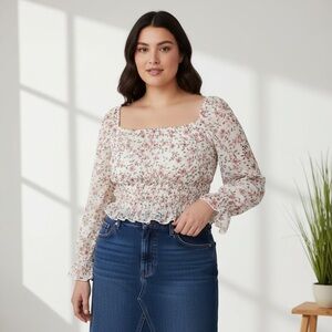 Feminine Floral Peasant Sheer Top Size XL